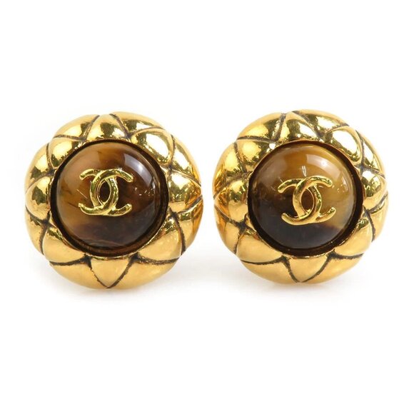 CHANEL CC Logo Cliop on Earrings Gold/Brown Metal/Stone -